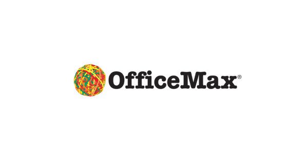 Logotipo de OfficeMax con un símbolo colorido de esferas entrelazadas.
