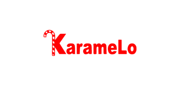 Logotipo de la marca Karamelo, que presenta un dibujo de un lagarto en la letra "K" y texto en color rojo en fondo negro.