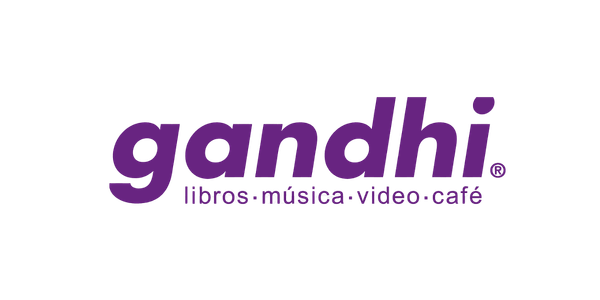 Logotipo de Gandhi con texto en morado y negro que dice 'gandhi' y 'flores, música, video, café'.