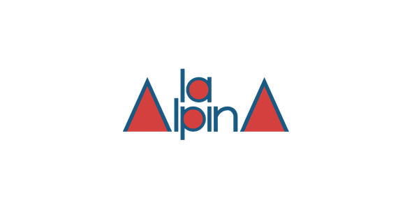 El logotipo de La Alpinia con letras en azul y rojo, con montañas estilizadas y un pico en forma de A.