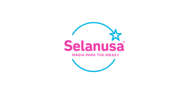 Logo de 'Selanusa' con estrellas y texto en colores rosa y azul