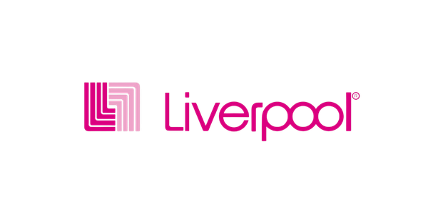 Logotipo de Liverpool en rosa y gris con fondo negro.