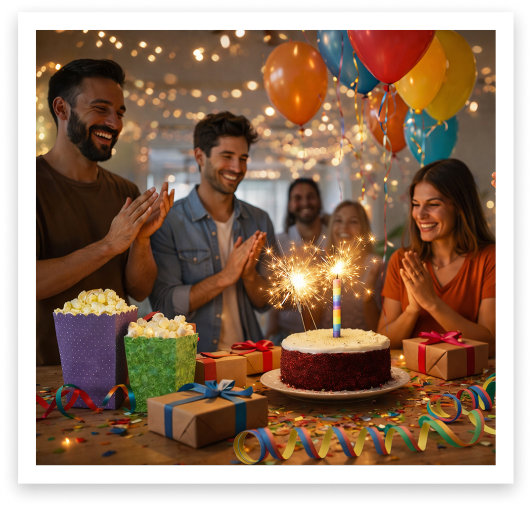 Grupo de personas celebrando un cumpleaños con pastel, globos y regalos, con decoraciones y luces de fiesta.