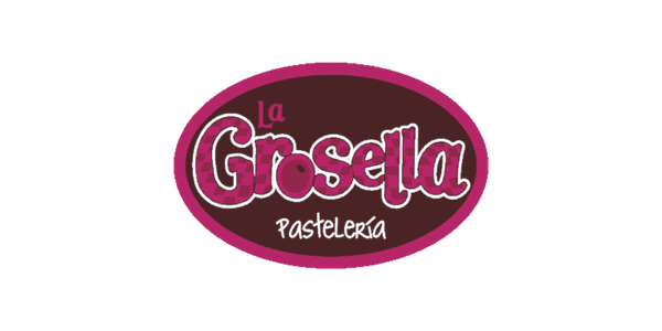 Logotipo de La Grosella Pastelería con letras moradas en forma de globo y fondo rosado.