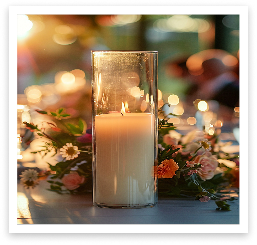 Vela blanca encendida en un vaso de cristal, rodeada de flores en un entorno con luces difusas.