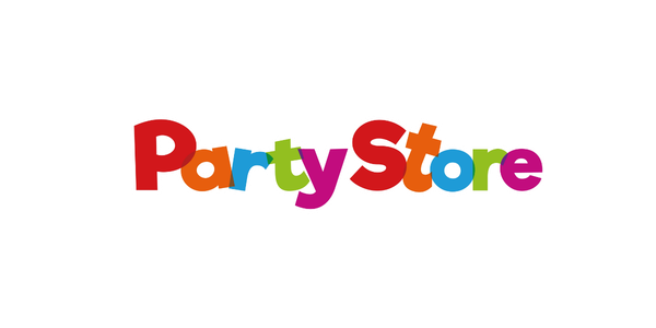 Logotipo colorido con la palabra "PartyStore" en letras grandes y variadas.