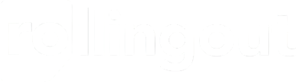 Logo with the word 'rollingout' in black and white, with a stylized 'r' as a speech bubble.