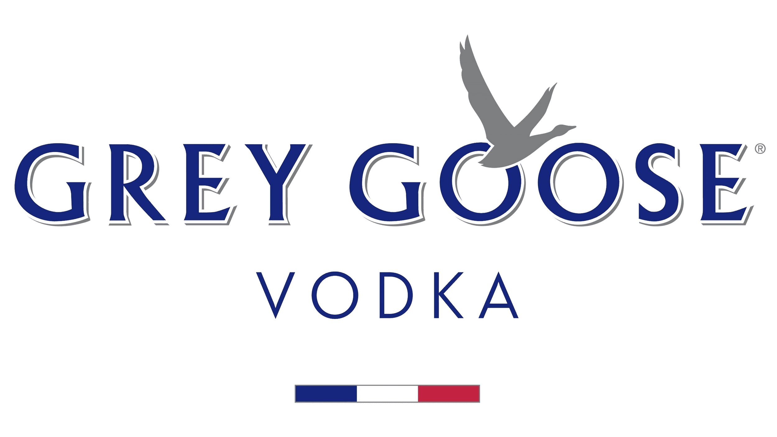 Grey Goose vodka logo with a goose flying above the brand name, which is written in large blue letters with a black outline, and a small French flag below.