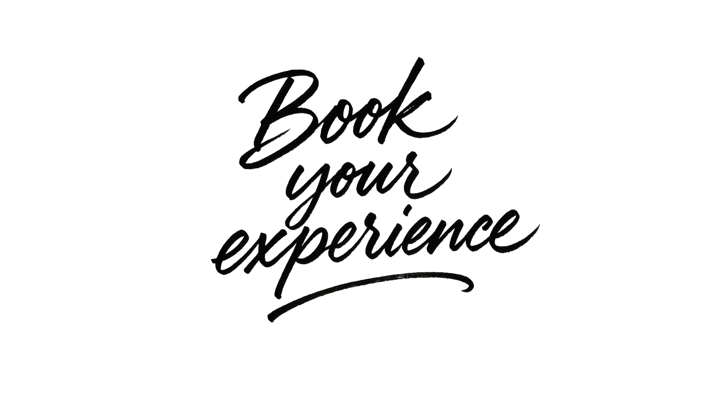 Text that says 'Book your experience' in black cursive font on a plain white background.