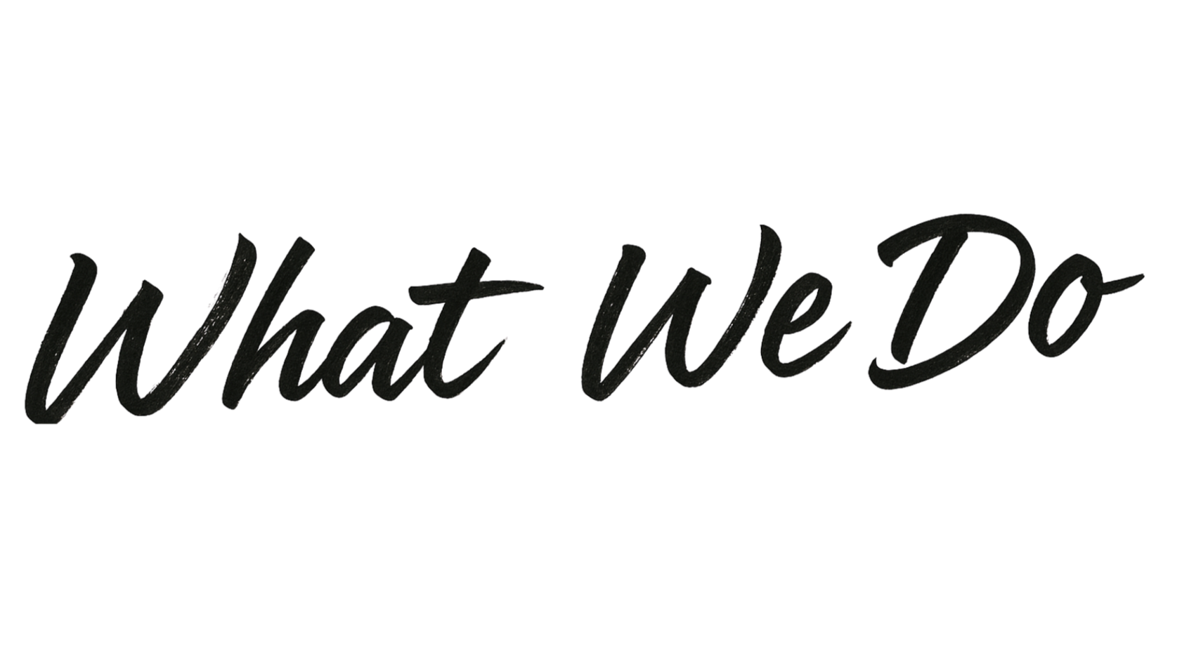 Text that says 'What We Do' in a script font against a black background.