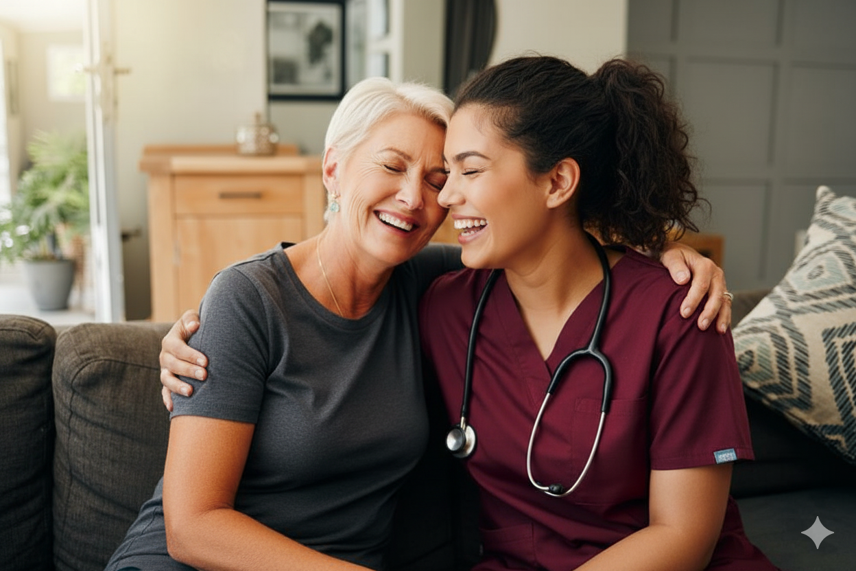 An elderly woman and a young nurse or healthcare worker sharing a joyful hug and laughter on a couch, in a cozy home setting.