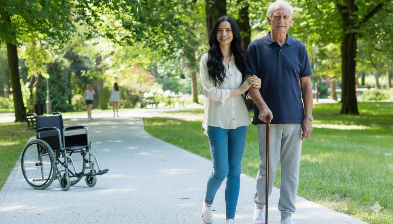 A young woman walking with an elderly man in a park, holding his arm and he is using a cane. There is a wheelchair on the side of the path and two people walking in the background.