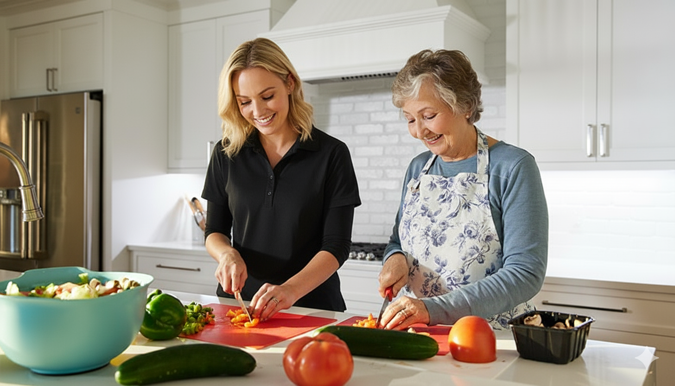 A woman younger with blonde hair and a woman older with gray hair cooking together and chopping vegetables in a bright kitchen.