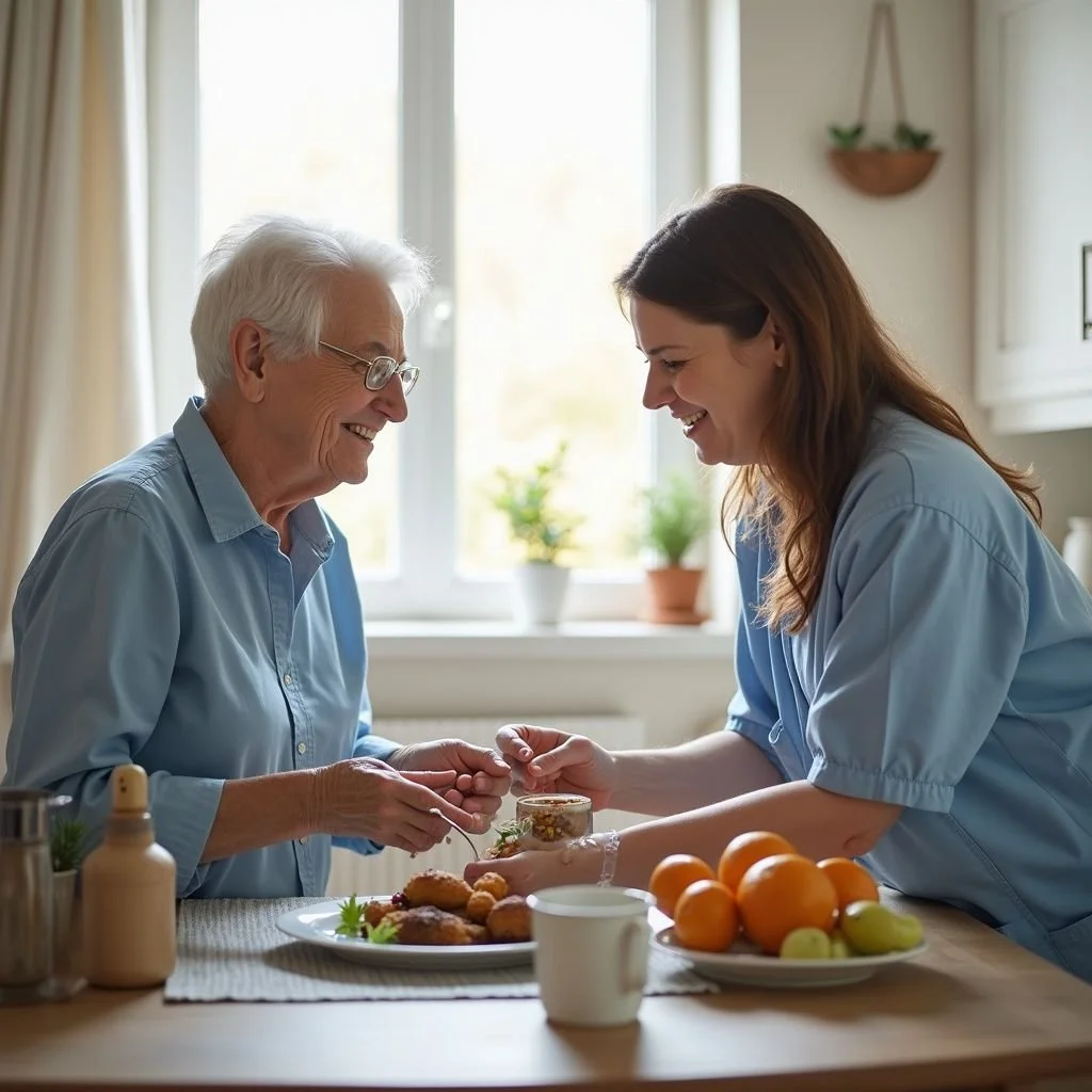 An elderly man and a young woman smiling and exchanging something at a kitchen table with sunlight streaming in through a window. There are oranges, apples, fried foods, and a cup on the table.