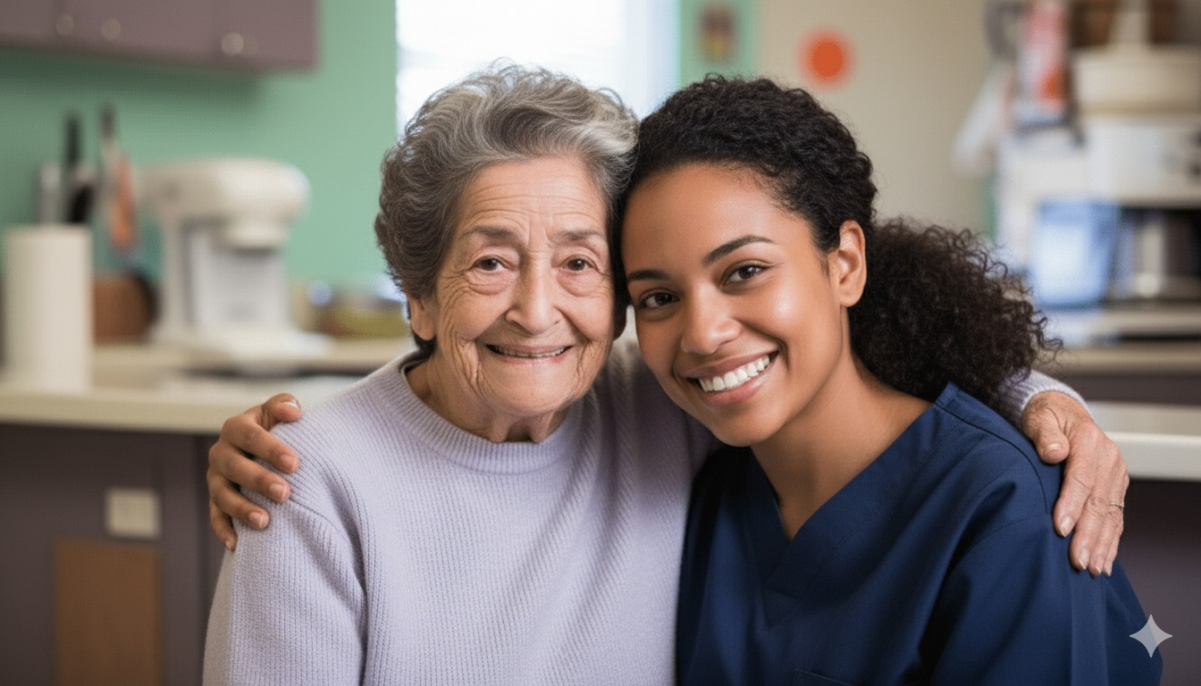 A smiling elderly woman and a young female healthcare worker hugging in a clinic or hospital setting.