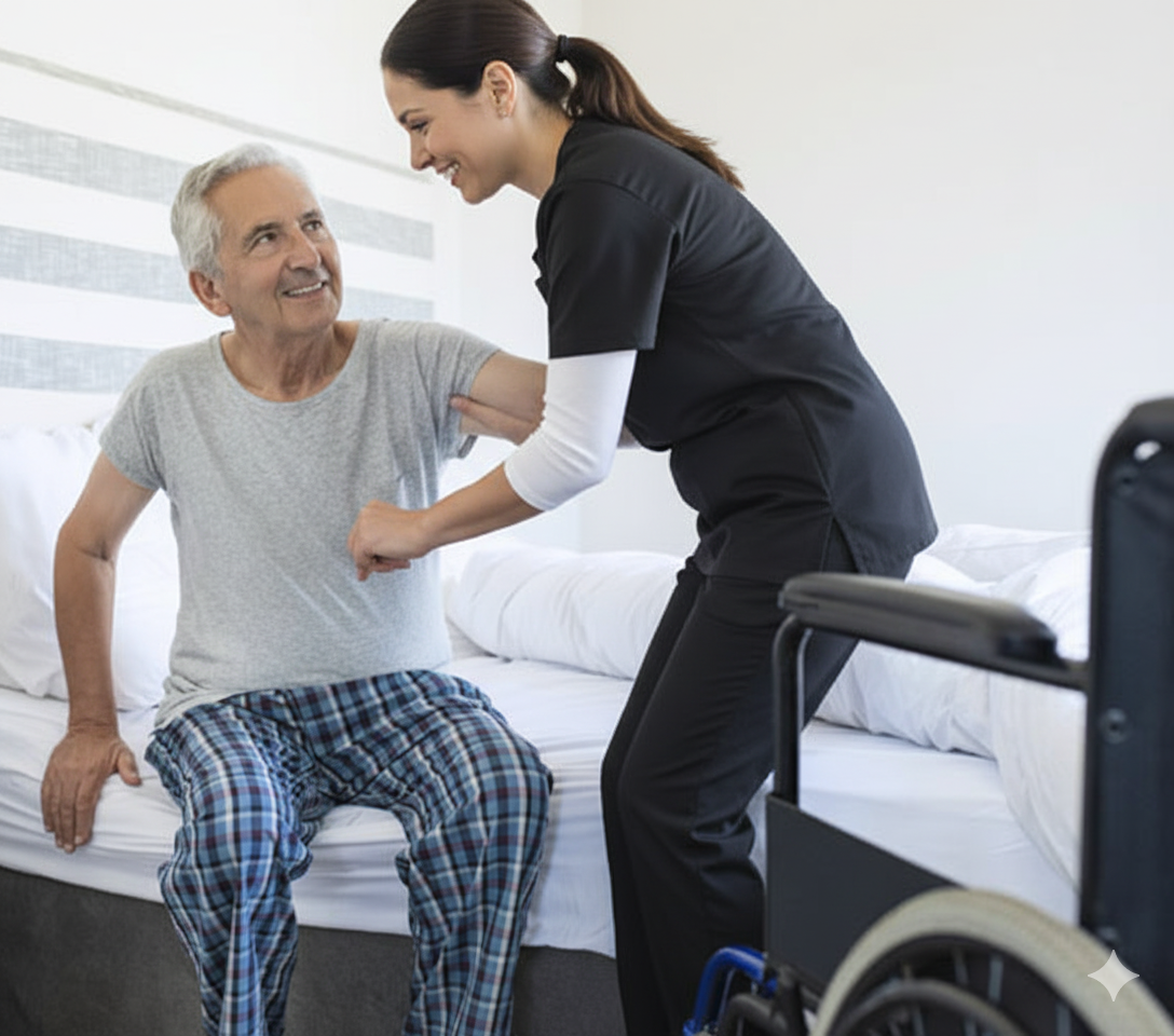 A nurse assisting an elderly man with a physical exercise on a hospital bed.