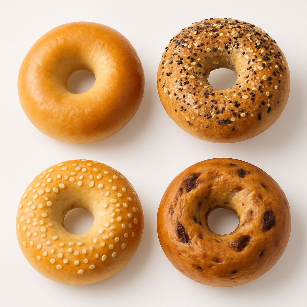 Four different bagels arranged in a square on a white surface, with a plain bagel, a poppy seed bagel, a sesame seed bagel, and a blueberry bagel.