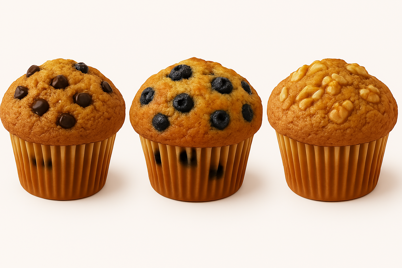 Three muffins with different toppings: chocolate chips, blueberries, and white chocolate chunks, in brown wrappers on a white background.