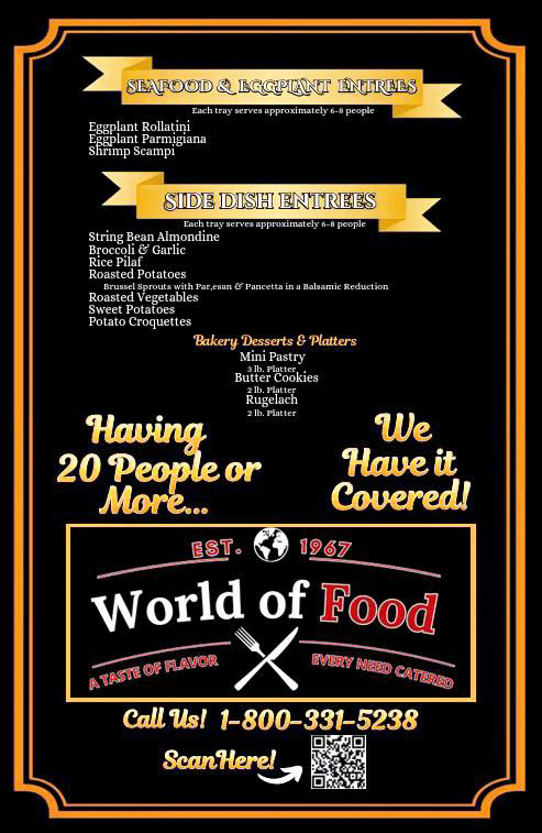 Menu for a catering service listing seafood and eggplant entrees, side dishes, bakery desserts, and platters. Includes contact info, a QR code for ordering, and statements about serving large groups and coverage.