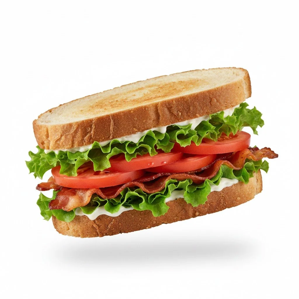 A sandwich with toasted bread, lettuce, tomato slices, crispy bacon, and mayonnaise. BLT