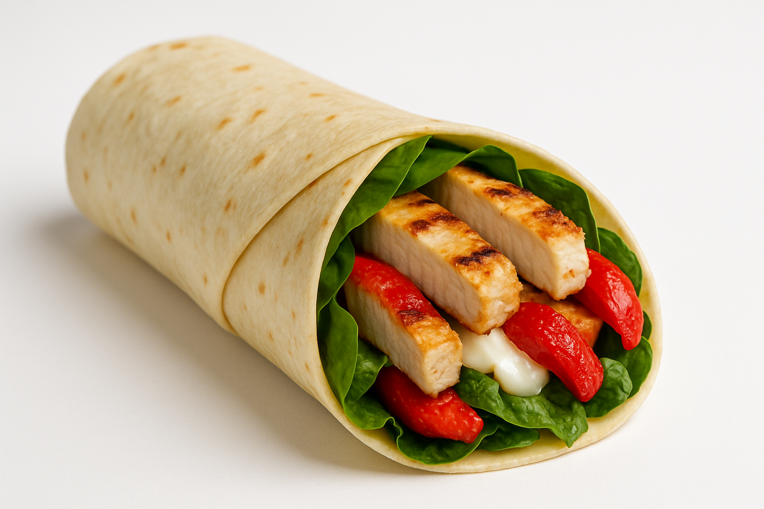 Grilled chicken wrap with spinach, red peppers, and sauce in a flour tortilla