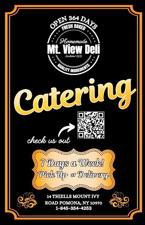 Restaurant catering flyer for ML View Deli, offering pick-up or delivery service 7 days a week, located at 14 Theills Mount Ivy Road, Pomona, NY, with contact number 1-845-354-4253, featuring a QR code for checking out.