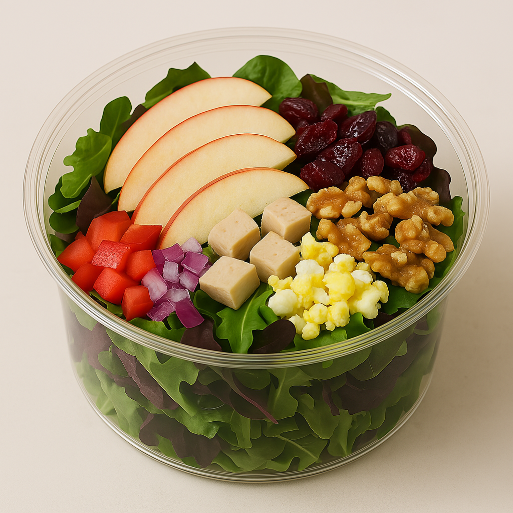 A clear plastic bowl filled with assorted fresh salad ingredients, including chopped leafy greens, apple slices, diced tomatoes, chopped red onions, cubed cheese, dried cranberries, crumbled cheese, and chopped walnuts.