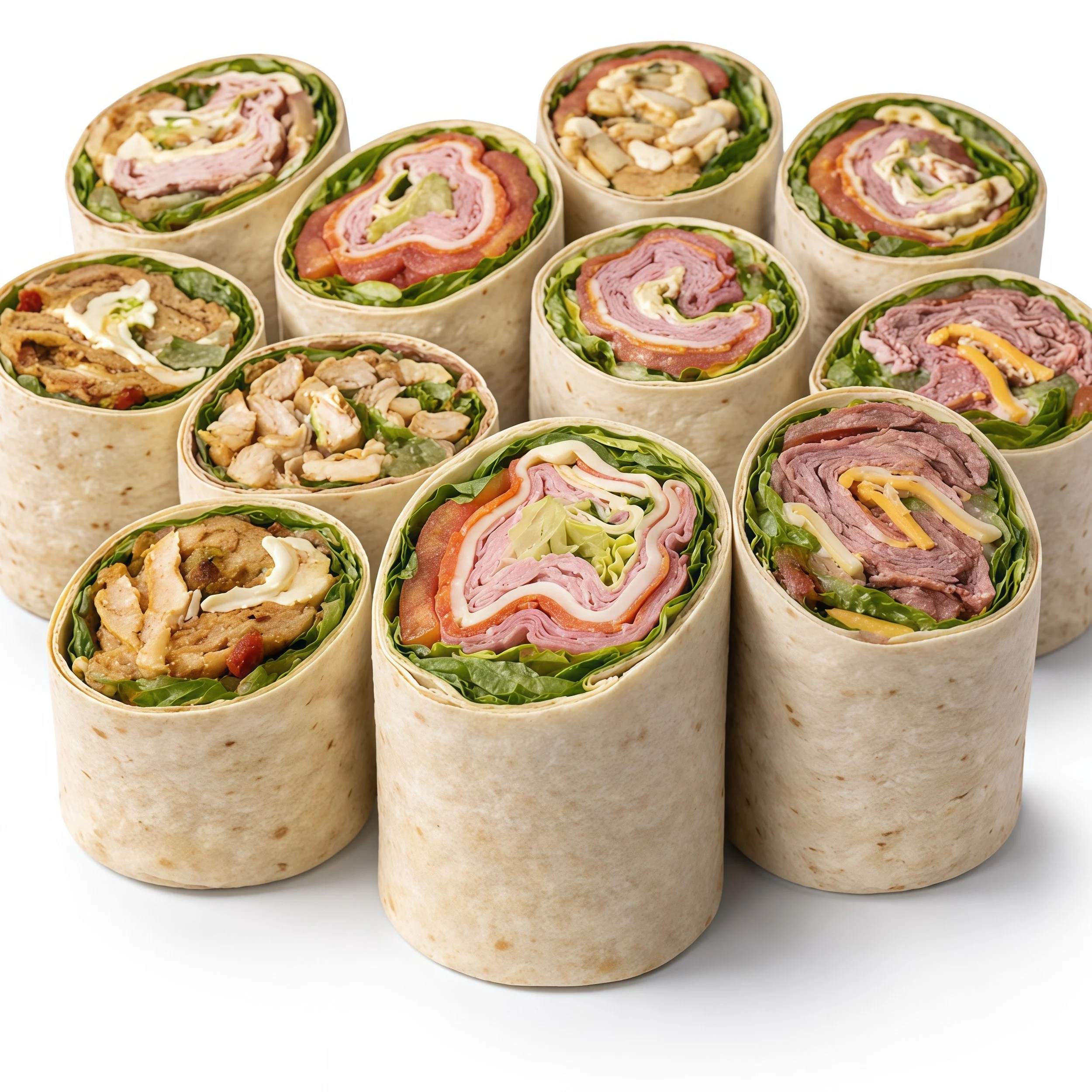A close-up of multiple burritos with various fillings, arranged in a circular pattern, showing cut sides with slices of meat, vegetables, cheese, and lettuce wrapped in flour tortillas.