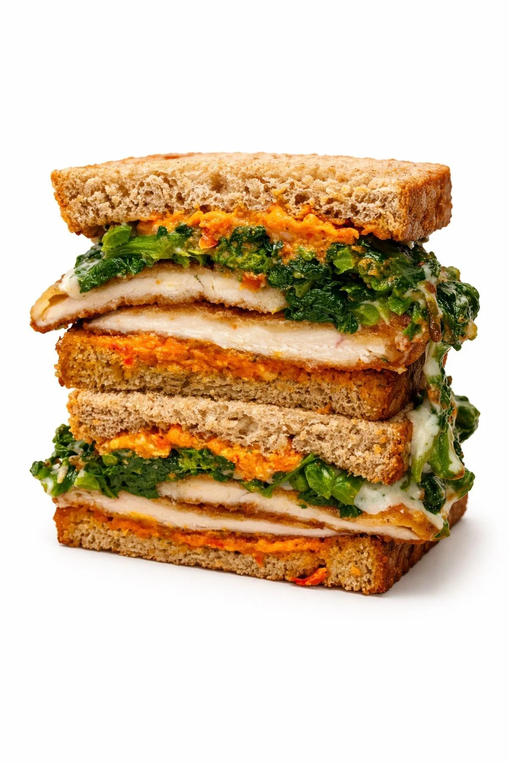 Close-up of a stacked salad sandwich with breaded chicken, leafy greens, shredded carrots, and sauce on multigrain bread.