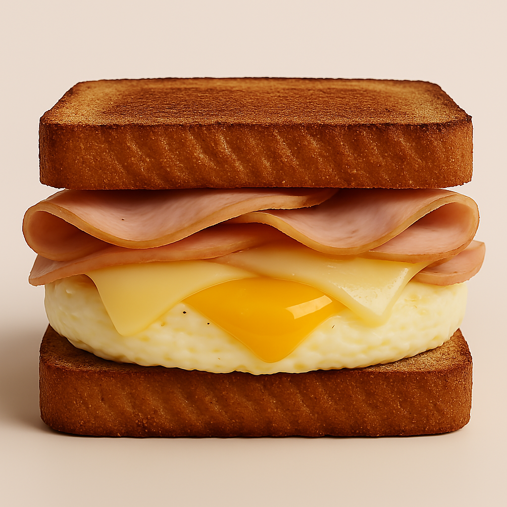 Close-up of a breakfast sandwich with toasted bread, ham, melted cheese, a fried egg with a runny yolk, all stacked neatly.
