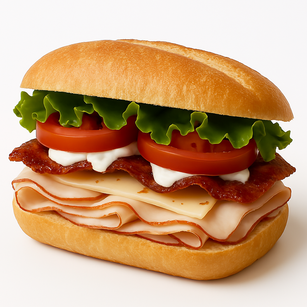 Close-up of a turkey sandwich with lettuce, tomato, bacon, cheese, and mayonnaise in a hoagie bun.
