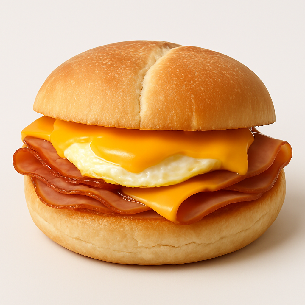 Close-up of a breakfast sandwich with a hamburger bun, slices of ham, a fried egg, and melted cheese.