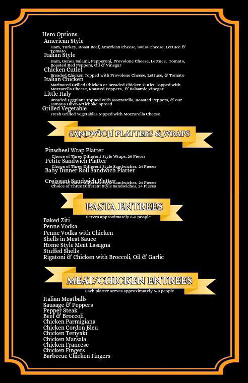 Menu listing options for American and Italian style sandwiches, chicken cutlets, and Little Italy specialties; also sandwiches, pasta entrees, and meat/chicken entrees.