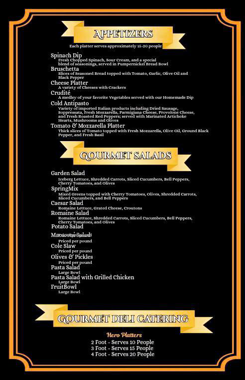 Menu board featuring appetizer options, gourmet salads, and gourmet deli catering, with various dishes and serving sizes listed.