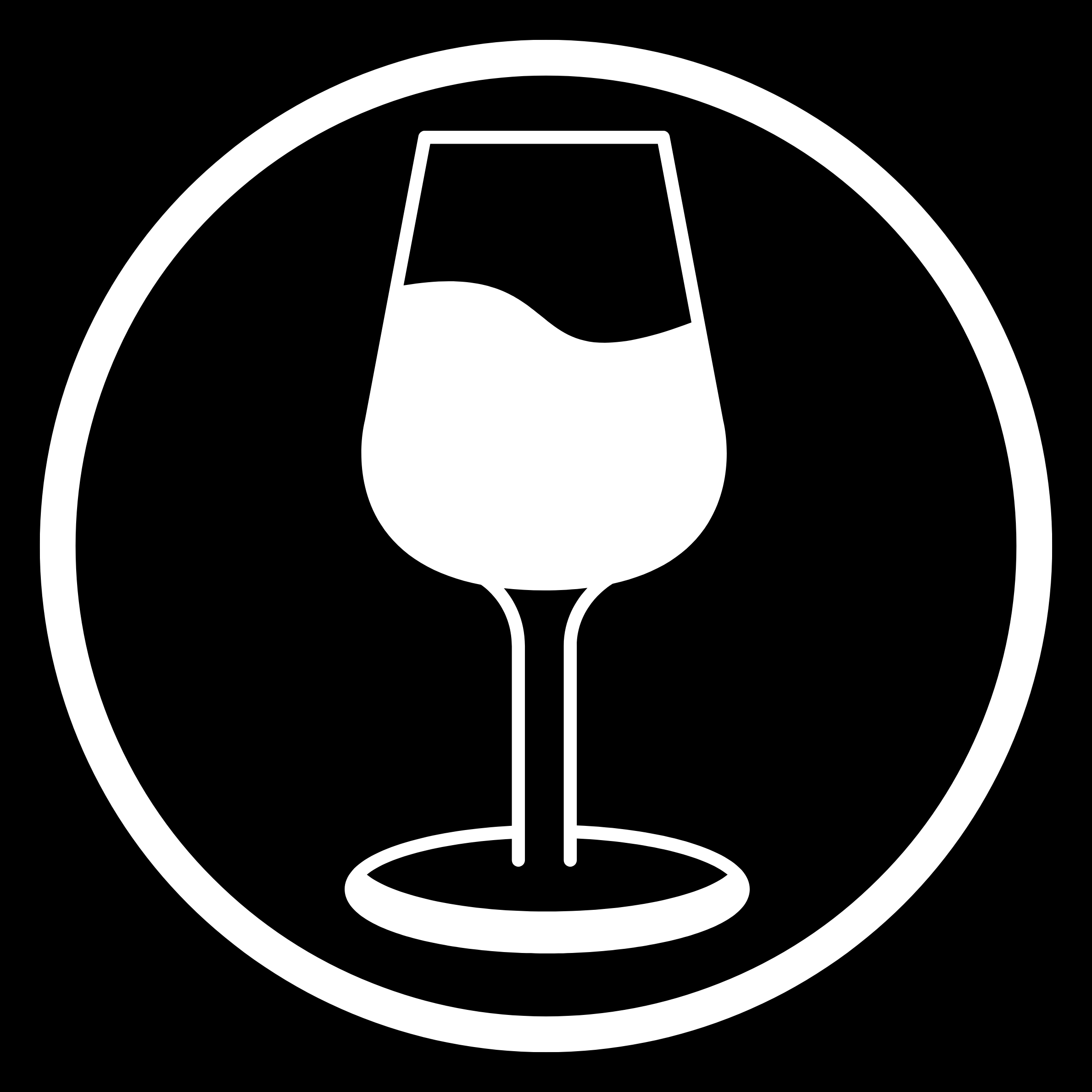 Stylized black and white icon of a martini glass with an olive on a toothpick inside, viewed from above.