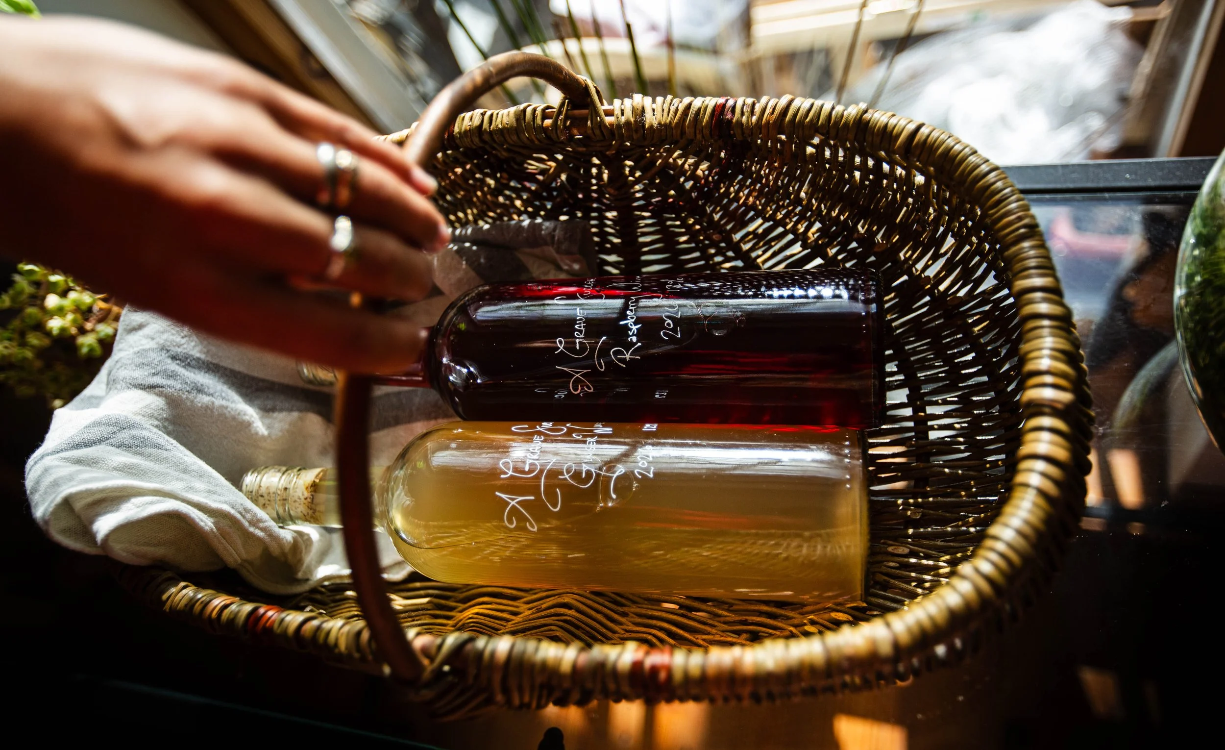A bottle of ginger wine and a bottle of raspberry wine ist in a whicker basket, which is being picked up by a female hand