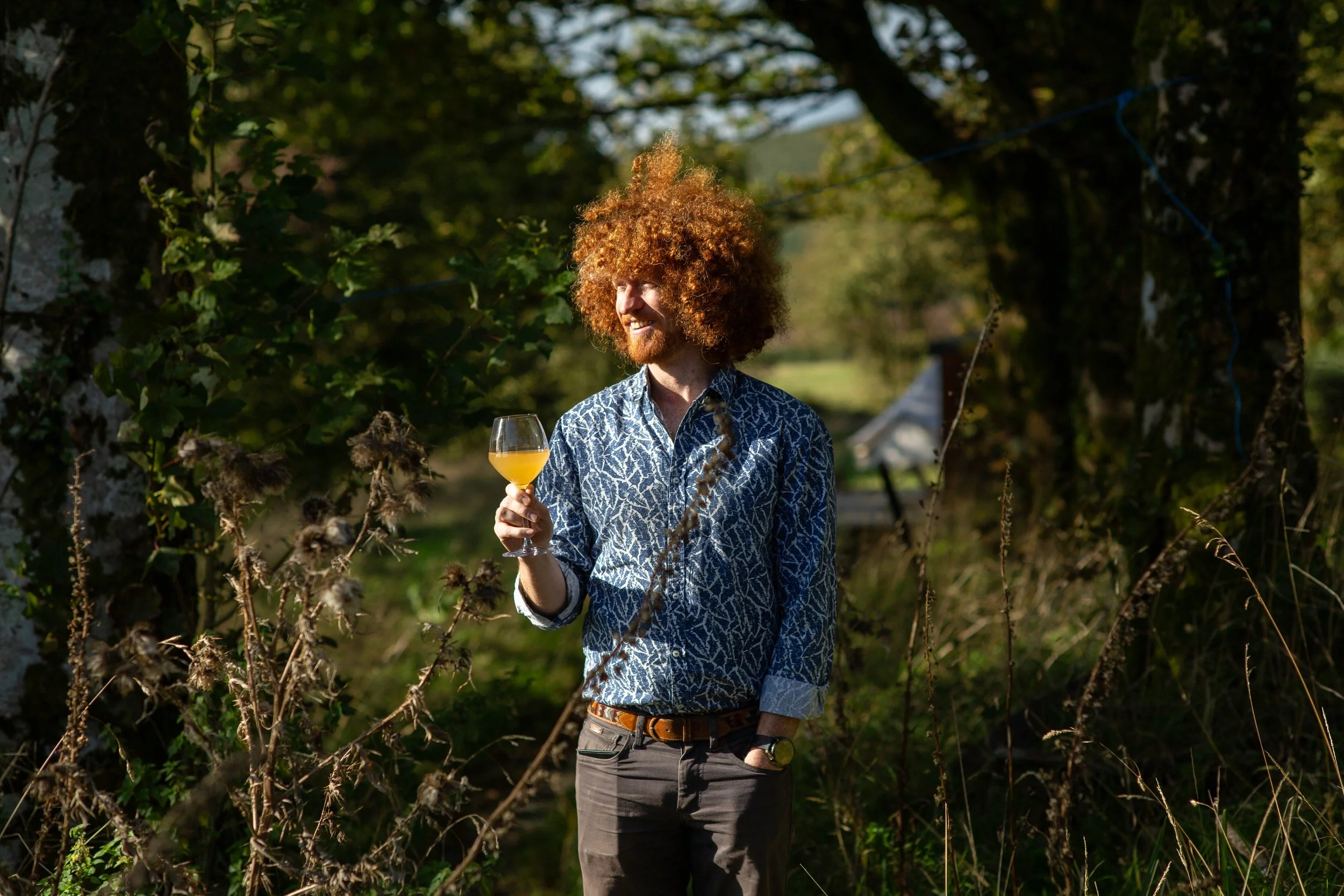 A redheaded man holds a glass of golden ginger wine
