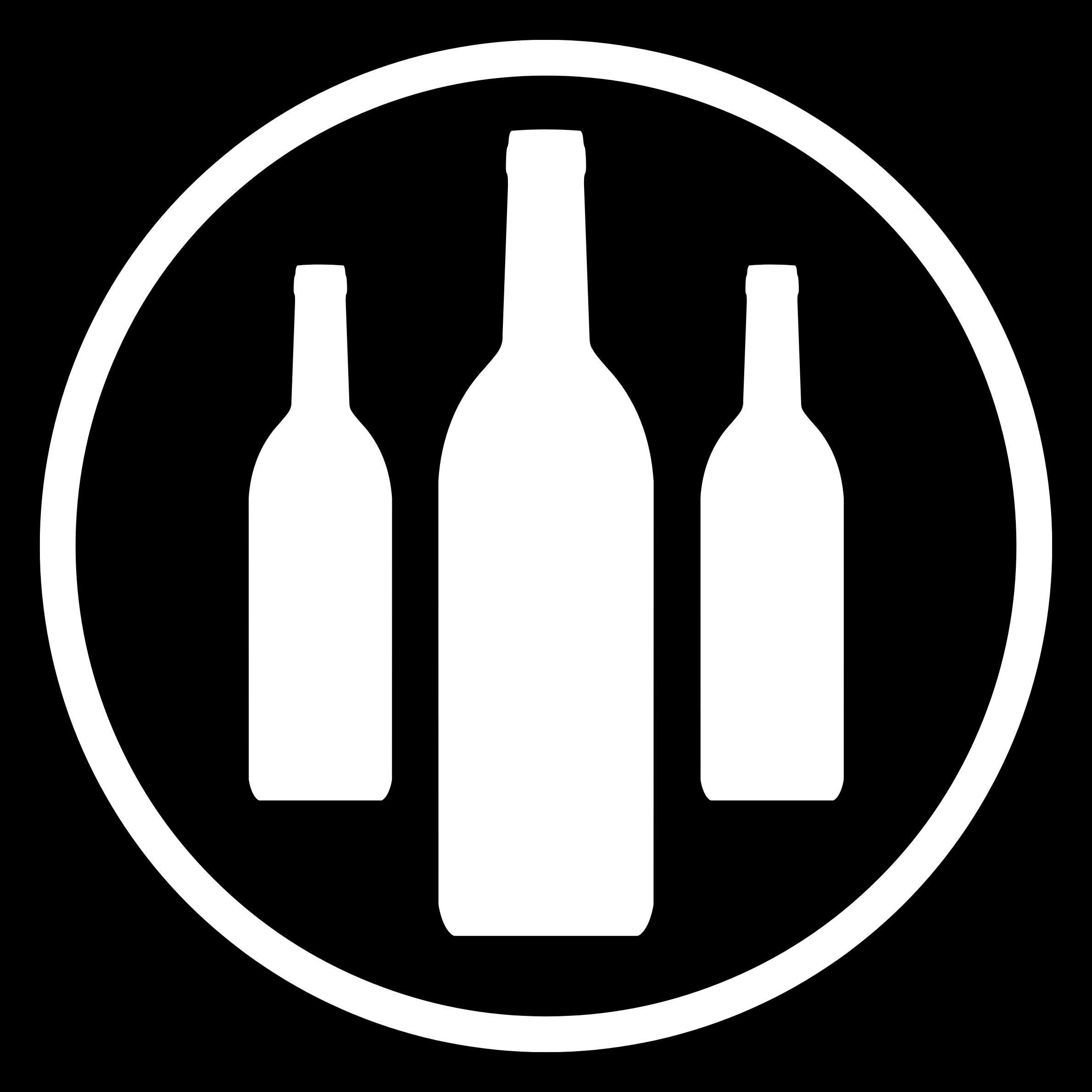 A black and white logo featuring a stylized wine bottle placed in the center within a circular design.