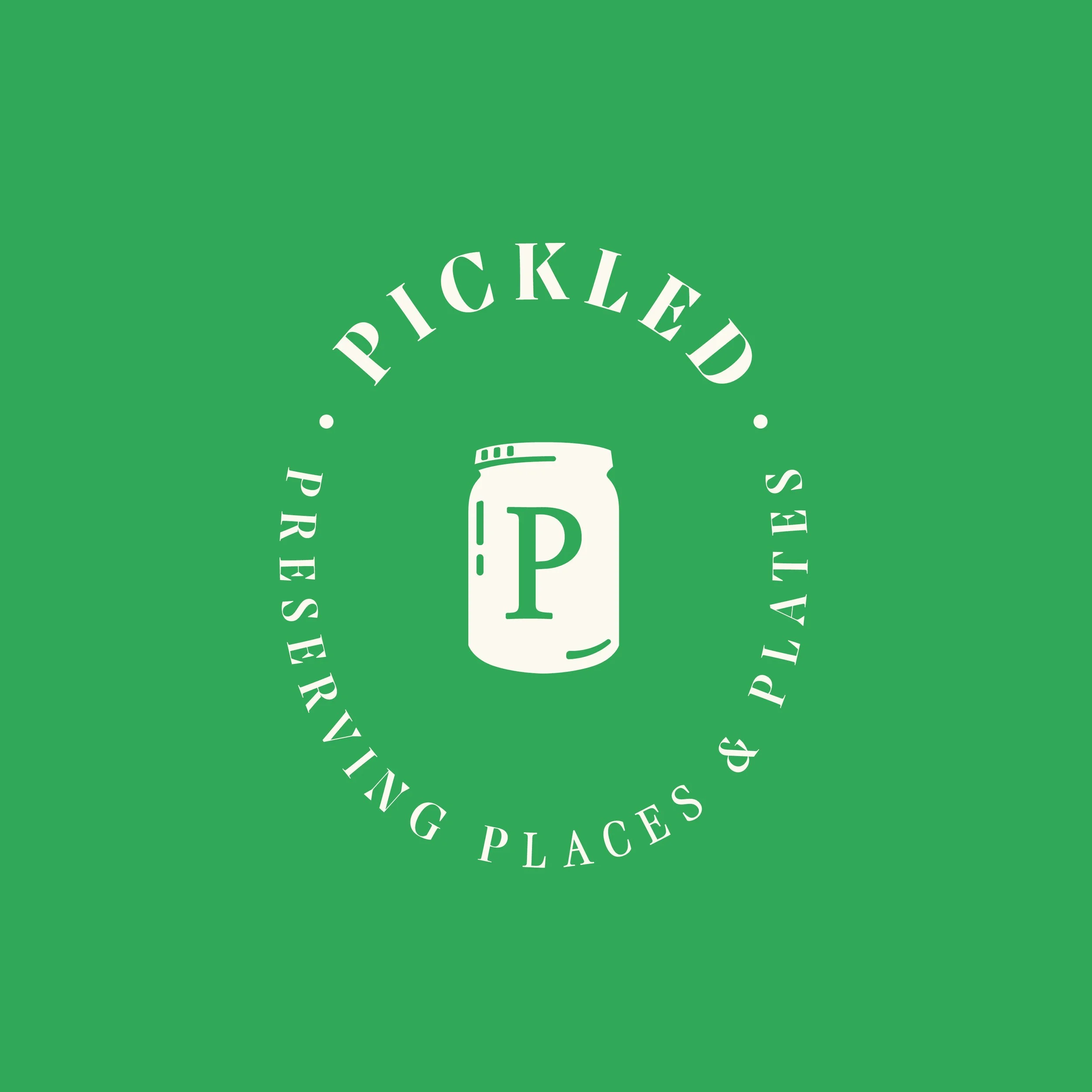 Green background with white circular logo featuring a jar with a label 'P' and the words 'Pickled Preserving Places & Pieties' around the circle.