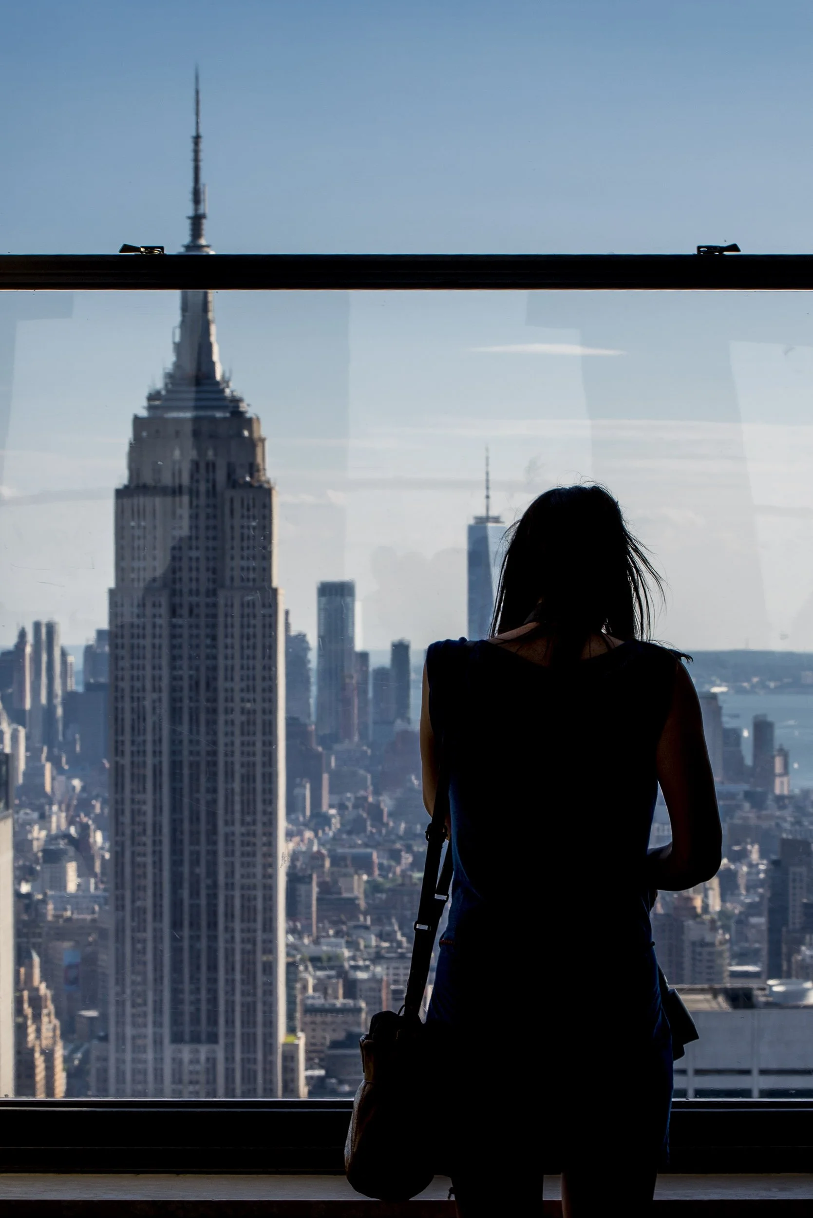 Persona de espaldas mirando el skyline de Nueva York, con el Empire State Building y otras estructuras en el fondo.
