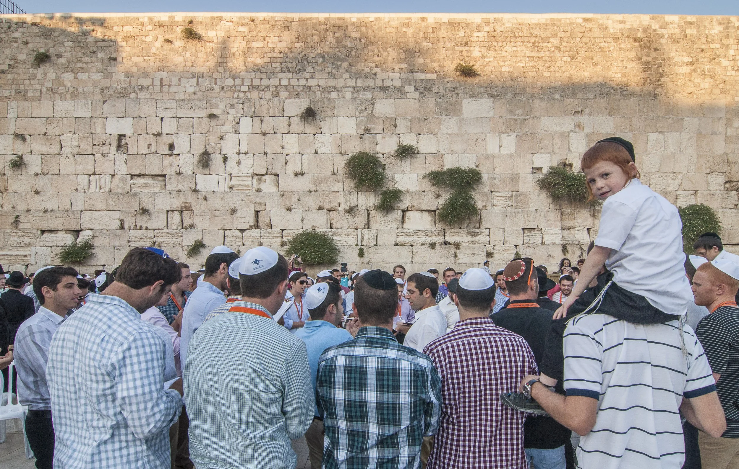 Grupo de personas, en su mayoría jóvenes, reunidas frente al Muro de las Lamentaciones, algunas llevan kippot, y un niño con camiseta blanca y pantalones cortos está a lomos de un adulto en primer plano.