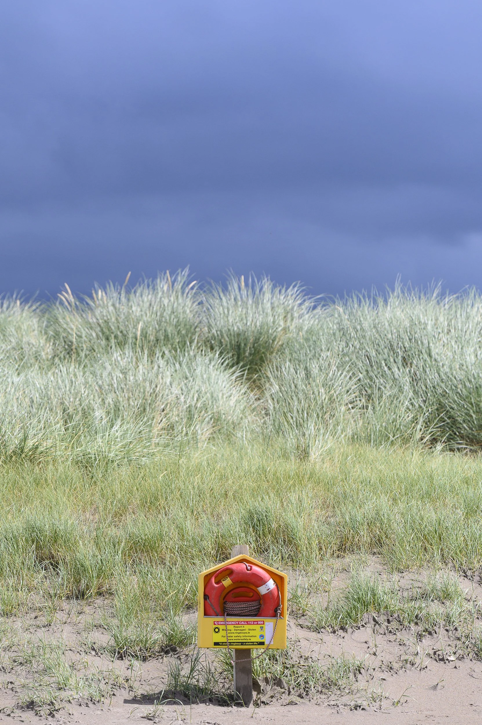 Playa de Inch, en Irlanda, con arenam césped y plantas de pasto, con un cartel de emergencia y un tubo de rescate en primer plano, y arbustos de colores gris verdoso bajo un cielo nublado.