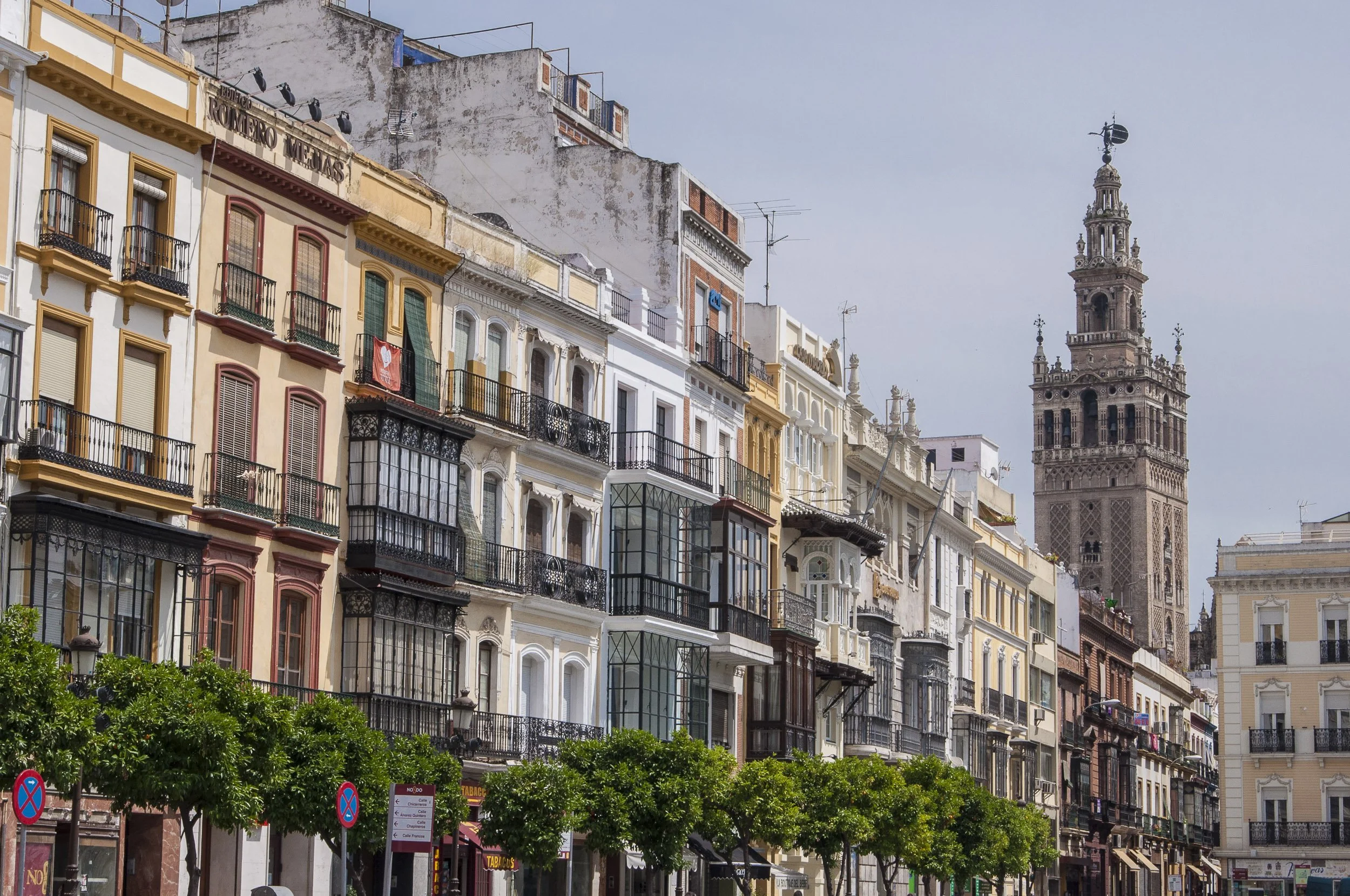 Calle de Sevilla con edificios de varios pisos, balcones de hierro forjado, árboles alineados en la acera y la Giralda visible al fondo.