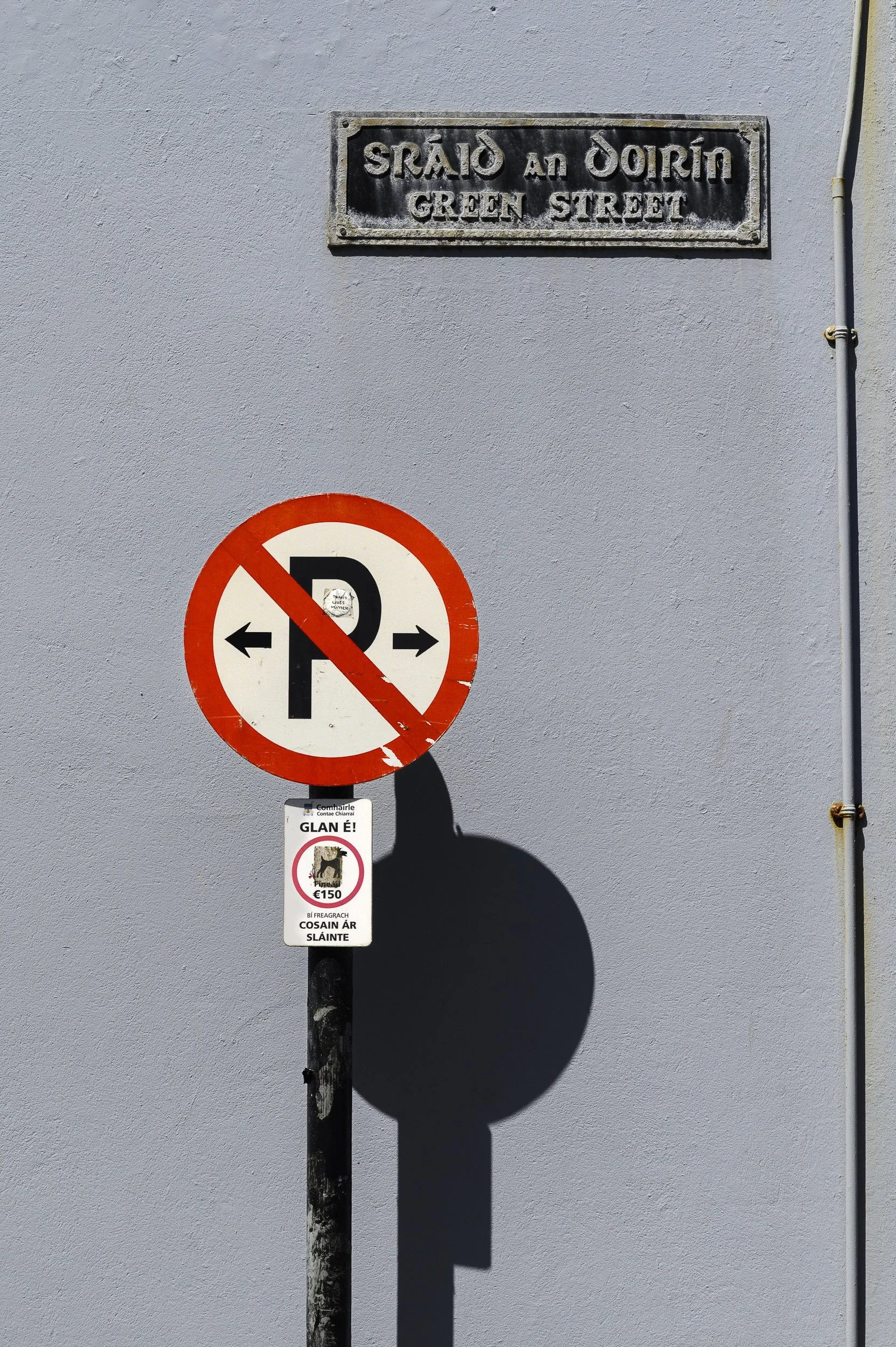 Señal de tránsito que indica no estacionar y cartel con información sobre un perro llamado Glan.