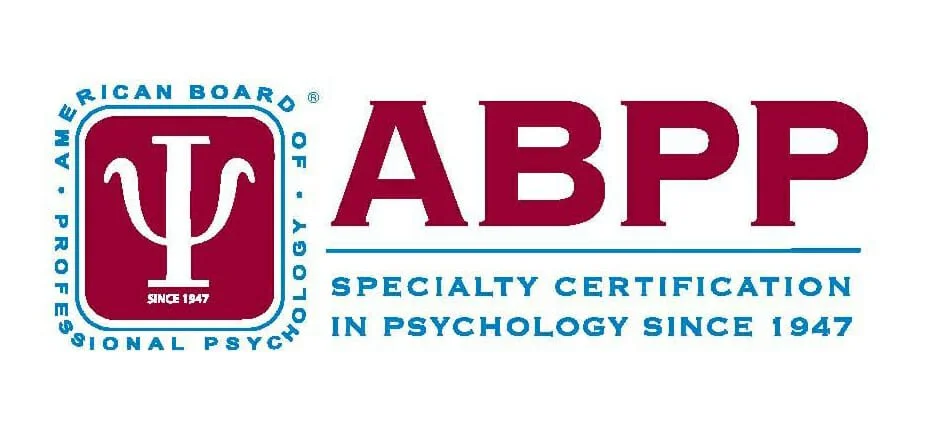 Logo of the American Board of Professional Psychology (ABPP), featuring a psychology symbol, the abbreviation ABPP, and text indicating specialty certification in psychology since 1947.