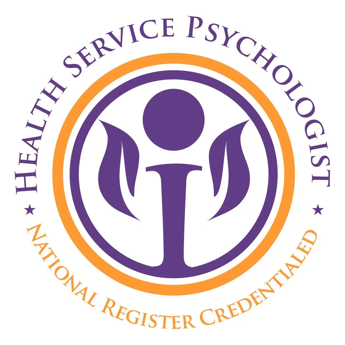 Logo of the Health Service Psychologists with a purple and orange circular design and stylized person figure in the center.