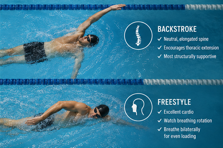 Comparison of backstroke and freestyle swimming strokes showing structural benefits: backstroke encourages neutral elongated spine and thoracic extension while freestyle requires bilateral breathing for even cervical loading