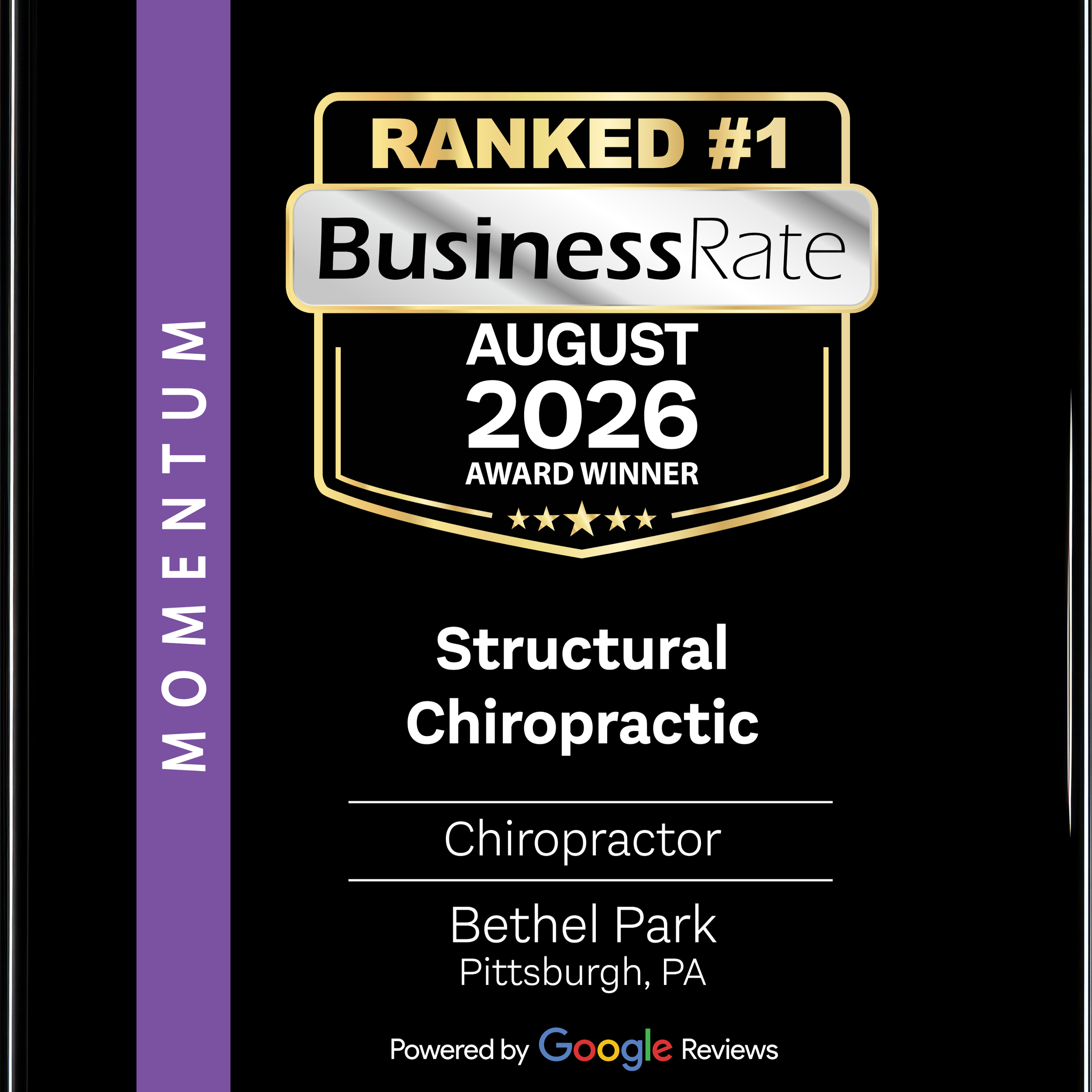 BusinessRate August 2026 award ranking Structural Chiropractic number one chiropractor in Bethel Park Pittsburgh PA powered by Google Reviews