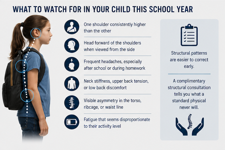 Six structural warning signs in children: one shoulder higher, head forward, frequent headaches, neck stiffness, torso asymmetry, and disproportionate fatigue