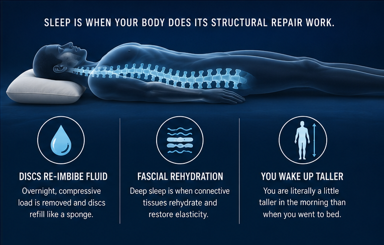 Infographic showing three structural repair processes that happen during sleep: spinal discs re-imbibe fluid as compressive load is removed, connective tissues rehydrate during deep sleep, and the body is measurably taller